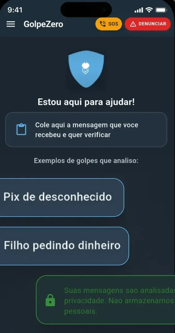 Tela do GolpeZero: início, com o campo para colar a mensagem que você quer verificar e exemplos de golpes