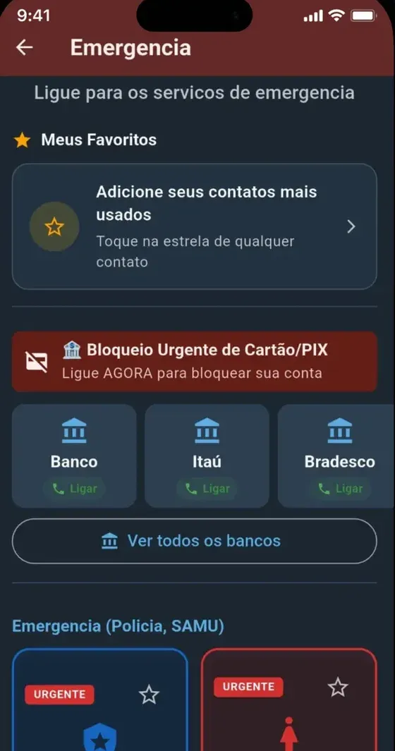 Tela do GolpeZero: central de emergência com contatos de bancos e serviços